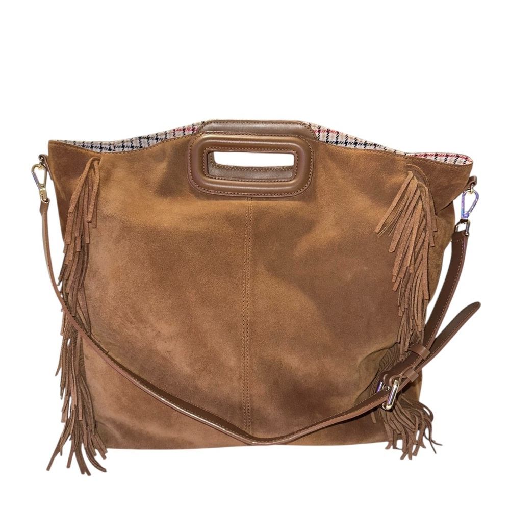 Maje Cabas Suede Fringe Tote Bag Brown Large Leather Trim Crossbody